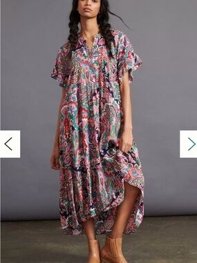 Anthropologie Maeve Antionette Bohemian Pink Paisley Tiered Maxi Dress